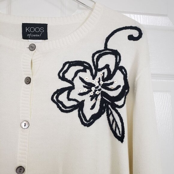 Koos Of Course Floral Cardigan Sequins Embellished Knit Button Up Womens Size XL - Picture 2 of 13